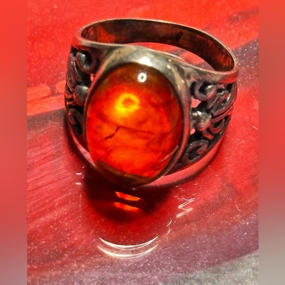 ZIV Amber Ring Sterling silver filigree cabochon Bezel set oval signed 6 5505 YA - Picture 14 of 15